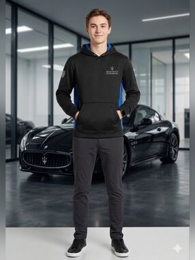 Maserati of the Main Line Sport-Tek Black/ Blue Accent Performance Hoodie Size S
